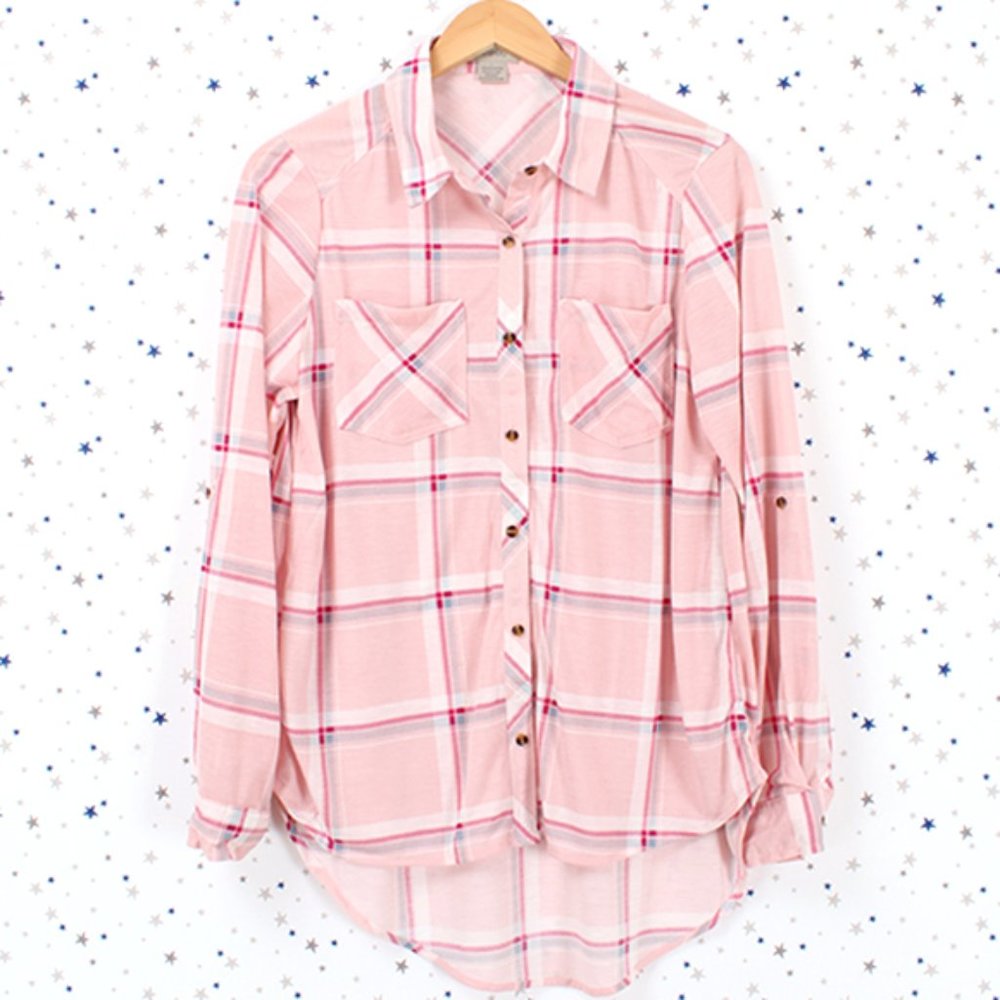 Knit Plaid Button Up Shirt Hi Lo Hem Pink Ivory